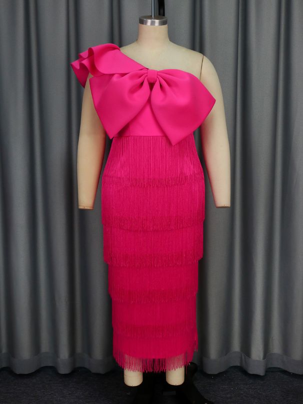 Women’s Clothing solid color hip fringe skirt party banquet oblique collar big bow dress dress_ecoleips.com