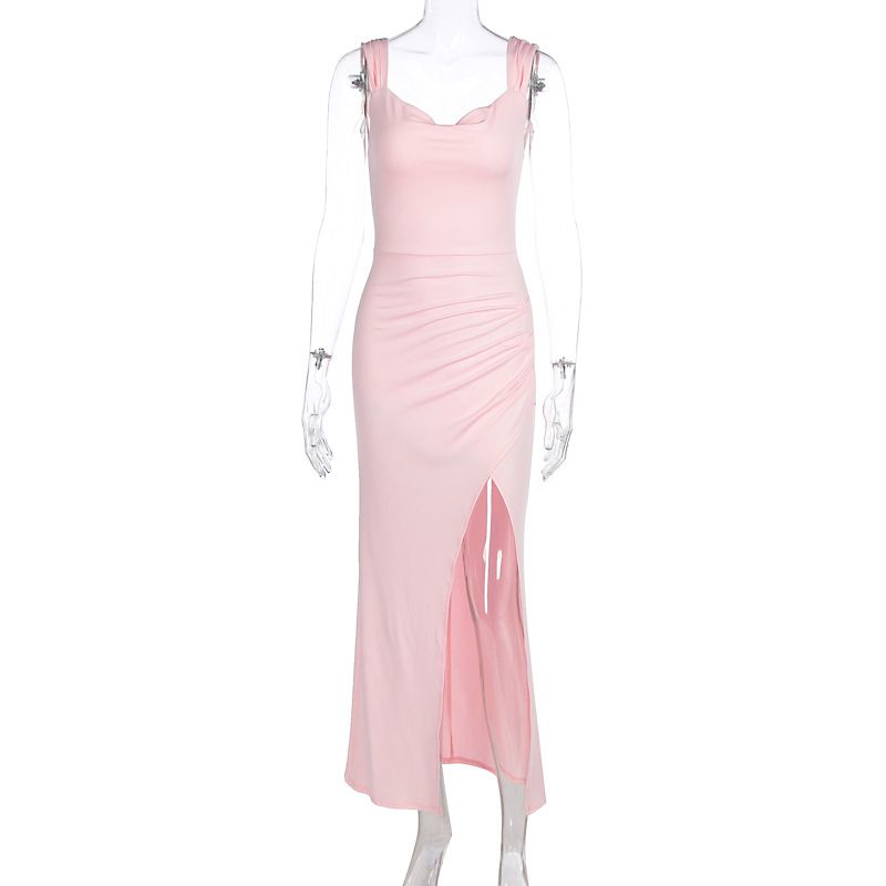 2025 Summer New Fashion Elegant Sleeveless Backless Tie Slim Fit Split Dress For Women_ecoleips.com