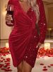Casual Long Sleeve Slim Shiny Short Dress Sexy V-neck Draped Design Club Party Dress Women Fashion Hight Waist Solid Mini Dress_ecoleips.com