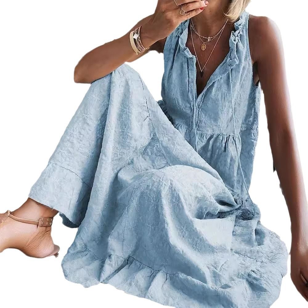 Women's Clothing Sleeveless Cotton And Linen Long Swing Dress_ecoleips.com