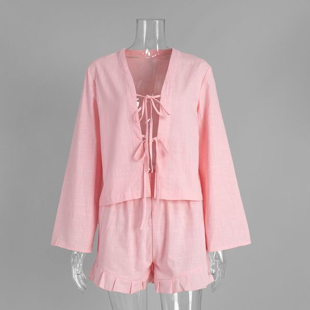 Women's Clothing Pure Cotton Bandage Cardigan Shorts Suit Loose Casual Shorts Suit_ecoleips.com
