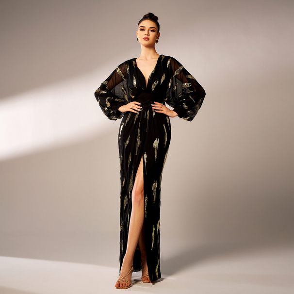 European And American High End Long Sleeved Temperament V Neck Sexy Long Sequined Banquet Evening Dress Bridesmaid Dress Dress For Women_ecoleips.com