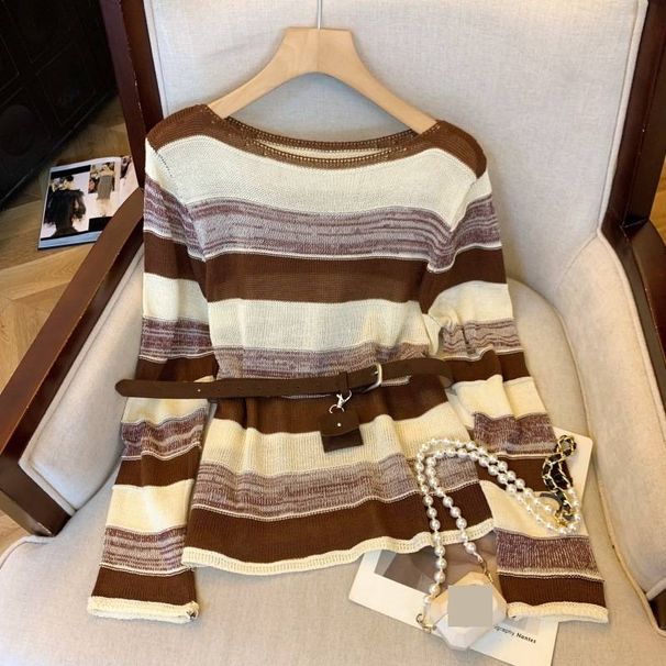 Women's Clothing Women's Korean Style Striped Pullover Knitted Shawl Two Piece Set High Quality Autumn Top Shirt Long Sleeve For Formal & Casual_ecoleips.com