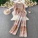 Women's Two Piece Set Round Neck Top With Gradient Pink Embroidered Pearl Buttons Loose Wide Leg Pants Gentle Feminine_ecoleips.com