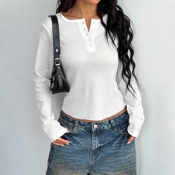Diyun European And American Y2K Hot Girl Style Button Long Sleeve Vest T-Shirt Women's Clothing 2025 Spring_ecoleips.com