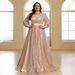 Women's plus Size Formal Evening Dress Elegant Sequined Satin Lantern Sleeve round Neck FSSL6225_ecoleips.com