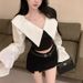 Purely Alluring Color-blocking Elegant Suit, Fashionable Waist-cinching Slimming Shirt Strapless Top, Korean-style_ecoleips.com