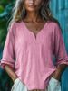 Women's Clothing Summer New Casual Loose Fashion Cotton And Linen Long Sleeved V Neck Solid Color Tops_ecoleips.com