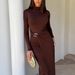 Women Elegant Slim Waist Fitted Dress High Neck Long Sleeve Solid Party Office Casual Daily Dress For Ladies_ecoleips.com