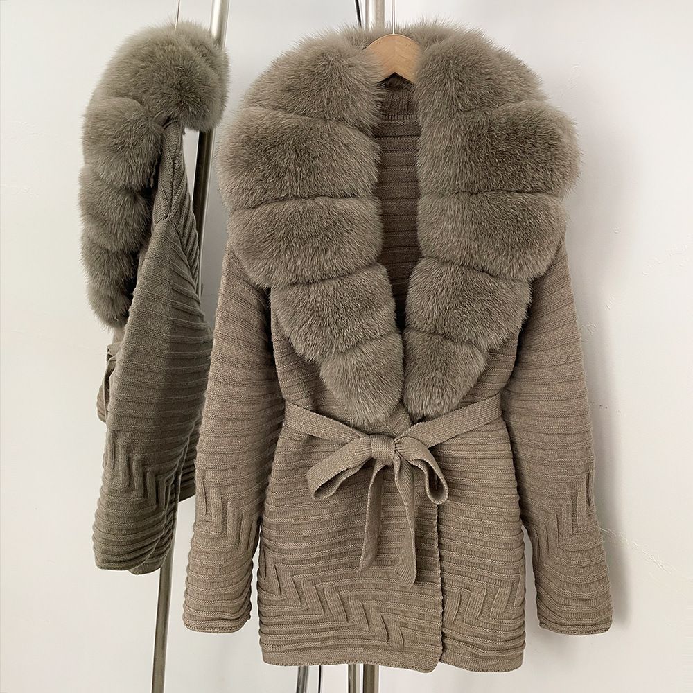Luxury Fox Fur Collar Knit Cardigan – Oversized Open-Front Coat For Women (20 Dual-Tone Color Options, One-Size)_ecoleips.com