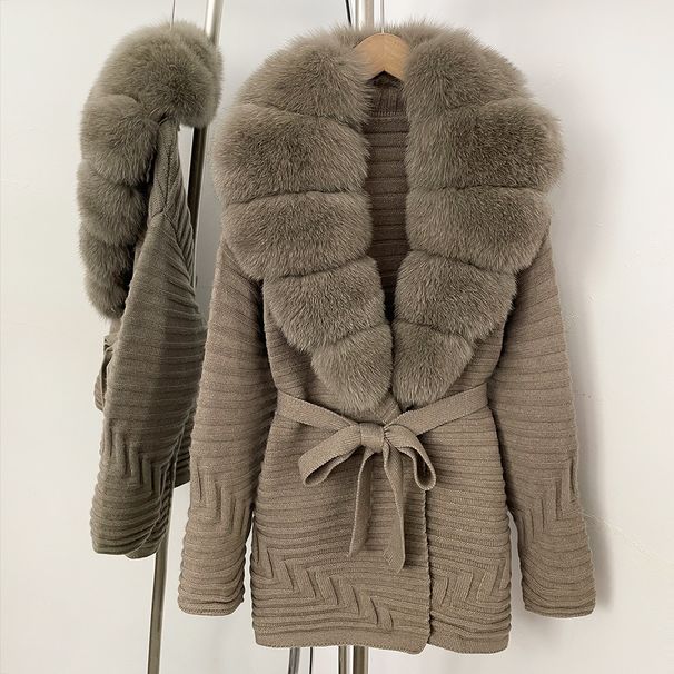 Luxury Fox Fur Collar Knit Cardigan – Oversized Open-Front Coat For Women (20 Dual-Tone Color Options, One-Size)_ecoleips.com