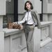 Women's Professional Checkered Suit Set Office Blazer And Pants with Matching Shirt Yellow Grey Check White Grey Shirt Options_ecoleips.com