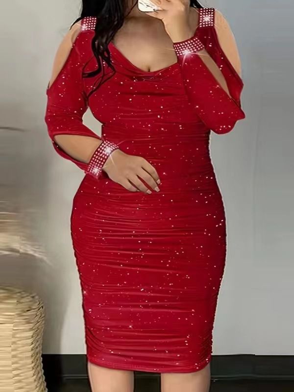 Women's Clothing elegant temperament slim-fit pleated scalding drill cover buttock tight V-neck dress_ecoleips.com