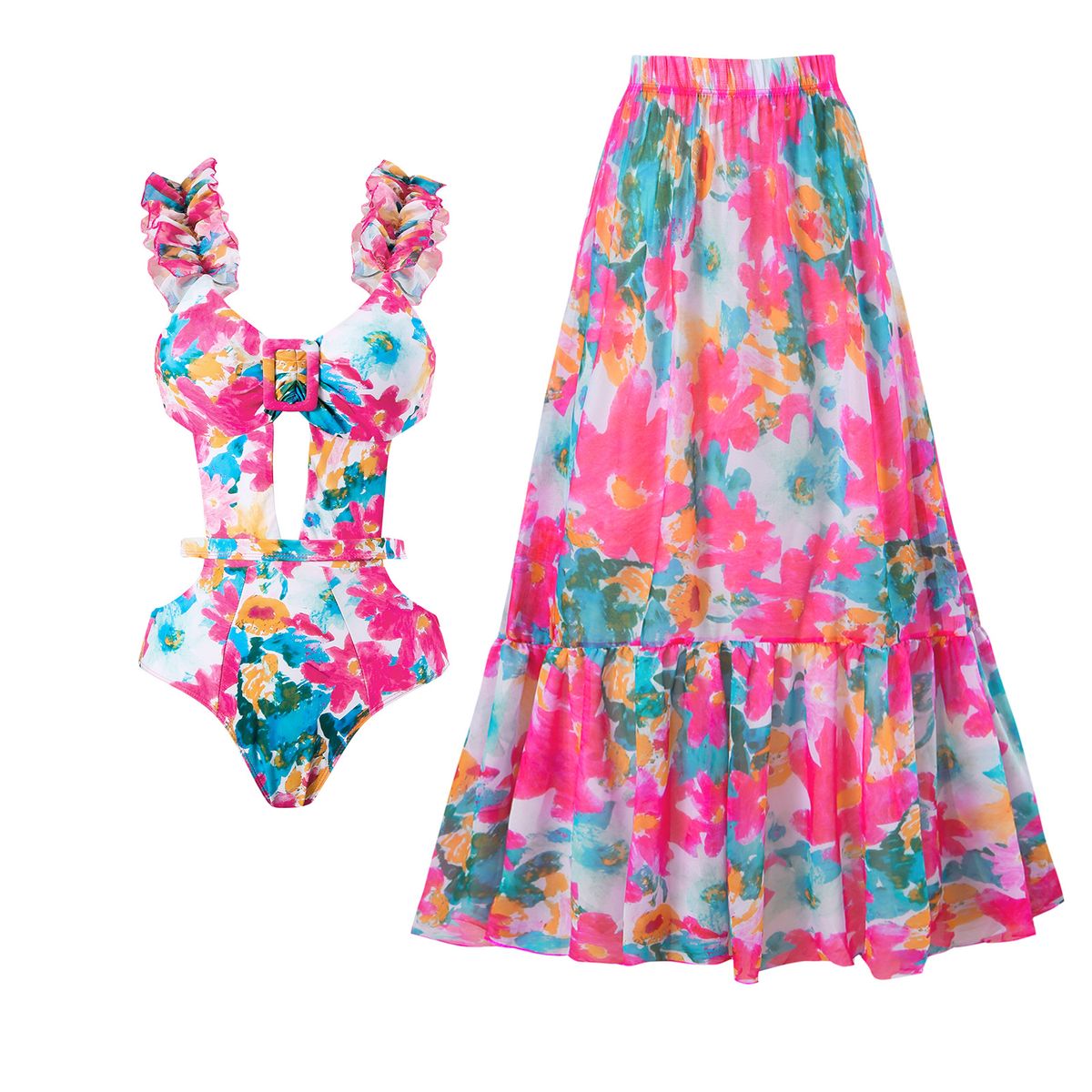 "Elegant Printed One-Piece Swimsuit With Chiffon Skirt – French Retro Style & Belly Covering Design"_ecoleips.com