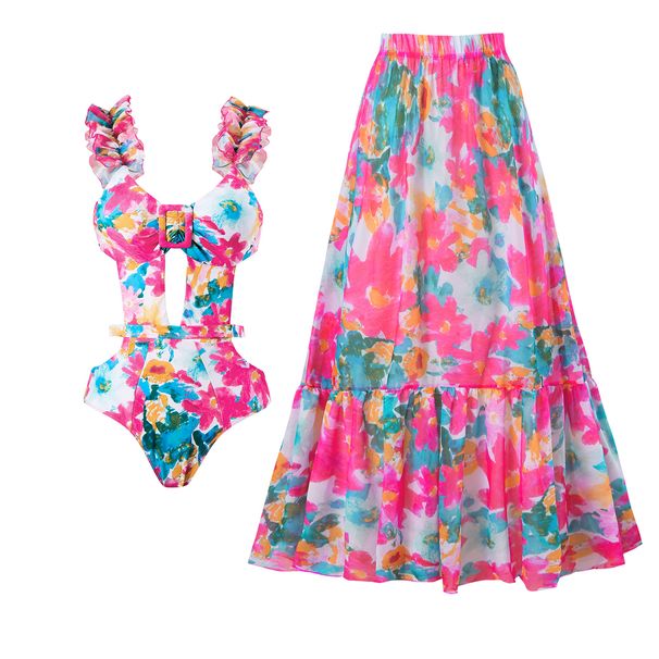 "Elegant Printed One-Piece Swimsuit With Chiffon Skirt – French Retro Style & Belly Covering Design"_ecoleips.com