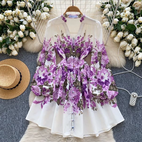 Women's Clothing Holiday Style Lantern Sleeve Flower Fairy Linen Ruffled Skirt_ecoleips.com