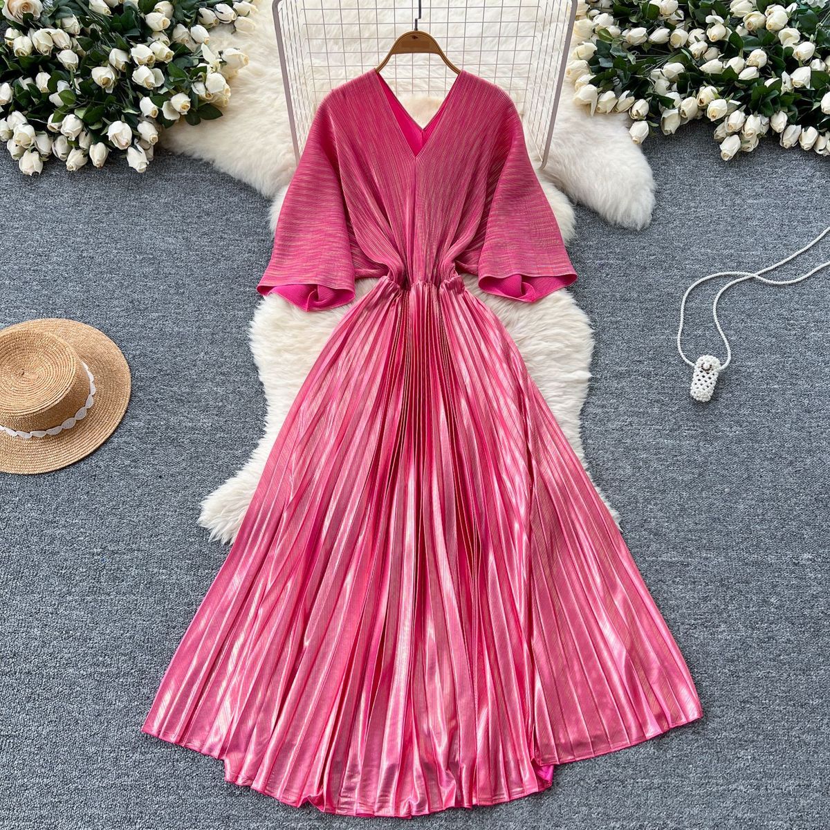 Women's Clothing Pleated Dress Female Summer High End Light Luxury V Neck Bat Sleeve Waist Metallic Pleated Long Skirt_ecoleips.com