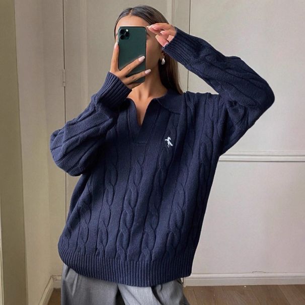 Women's Clothing Knitted Early Autumn Lazy Lapel Top Korean-Inspired Cable Knit Sweater Women's Casual Fall Top With Peter Pan Collar – Navy Blue_ecoleips.com