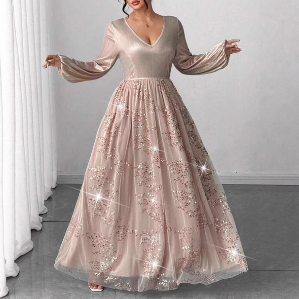 Plus Size Elegant V-Neck Evening Dress Long Sleeve Formal Gown With High Waist & Sequin Accents (0XL-5XL, Straight Cut, Polyester, Party/Office Wear)_ecoleips.com