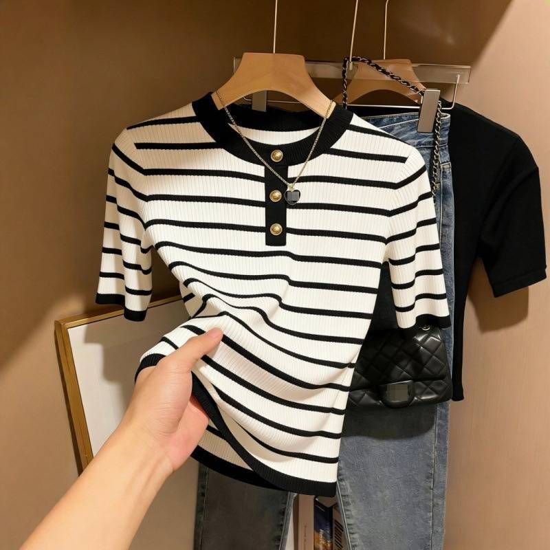 French-Inspired Striped Knit Top – Slim Fit Short Sleeve Shirt For Women, Chic & Youthful Casual Wear_ecoleips.com