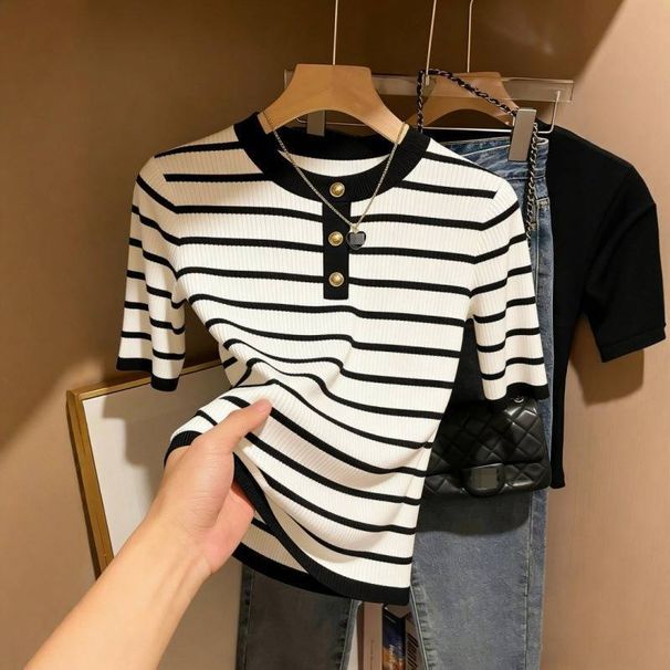 French-Inspired Striped Knit Top – Slim Fit Short Sleeve Shirt For Women, Chic & Youthful Casual Wear_ecoleips.com