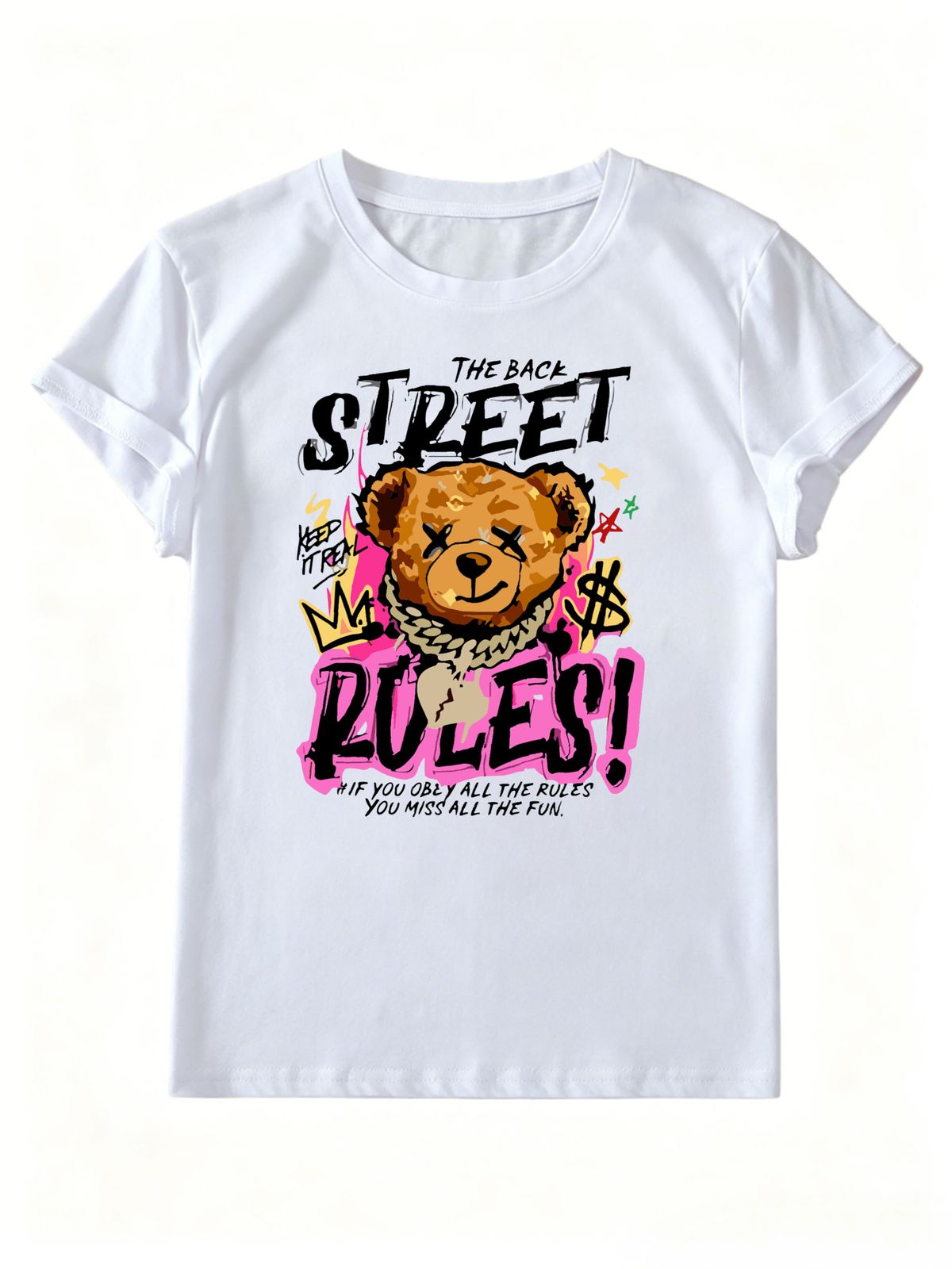 Women Hip Hop Crown Gold Chain Bear Street Rules Letter Graphic T Shirt Round Neck Short Sleeve Loose Streetwear Summer Tops_ecoleips.com