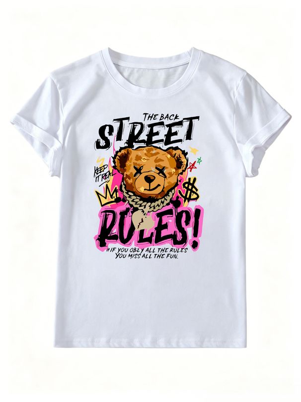 Women Hip Hop Crown Gold Chain Bear Street Rules Letter Graphic T Shirt Round Neck Short Sleeve Loose Streetwear Summer Tops_ecoleips.com
