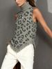 Women Soft Skin-Friendly Breathable Leopard Knit Tank Top Turtleneck Sleeveless Loose Fringe Hem Knit Vest_ecoleips.com