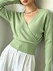 Light Sage Green Deep V Wrap Pit Rib Knit Sweater, Loose Lightweight Breathable Soft Skin-touch Long Sleeve Slim Waist Pullover_ecoleips.com