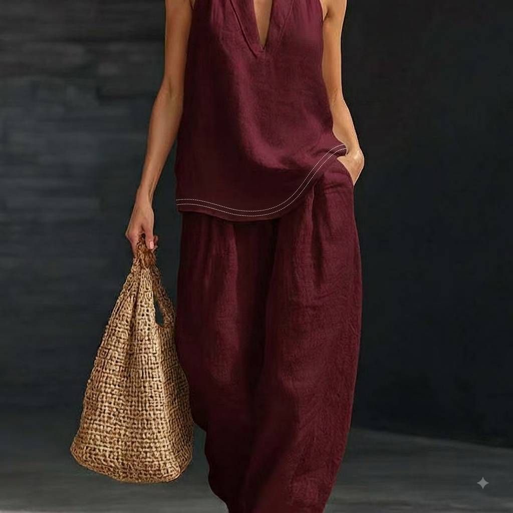 Summer Halter Neck Two-Piece Set V-Neck Sleeveless Top And Flowy Wide-Leg Pants Women's Clothing Set in 8 Colors S-5XL_ecoleips.com