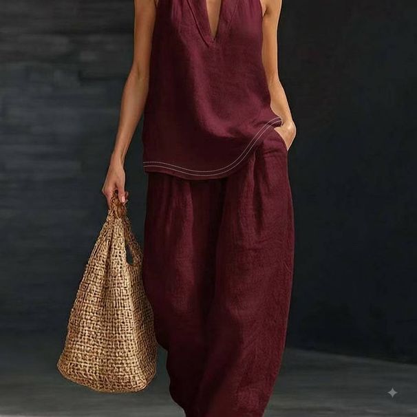Summer Halter Neck Two-Piece Set V-Neck Sleeveless Top And Flowy Wide-Leg Pants Women's Clothing Set in 8 Colors S-5XL_ecoleips.com