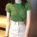 Avocado Green Women's Short Sleeve T-Shirt Solid Color Korean Style Slim Fit Matcha Green Summer Top 2026_ecoleips.com
