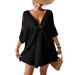 European And American Style Solid Color Beach Cover Up Women's Vacation Sun Protection With Circular V Neck Batwing Sleeves_ecoleips.com