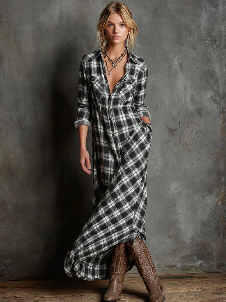 2026 Women's Fashion: Elegant Long-Sleeved Plaid Shirt Dress With Fashionable Plaid Collar_ecoleips.com