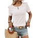 Women's Clothing Solid Color Round Neck Button Short Sleeved T Shirt Hollow Top_ecoleips.com