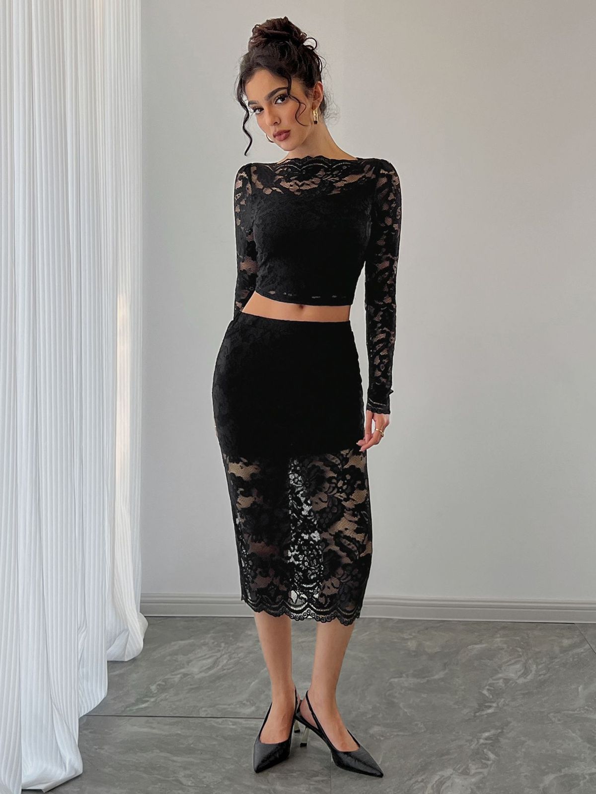 Sexy Women's Lace Jacquard Skirt Suit Semi-Transparent European And American Style Autumn/Winter New Independent Website Exclusive_ecoleips.com