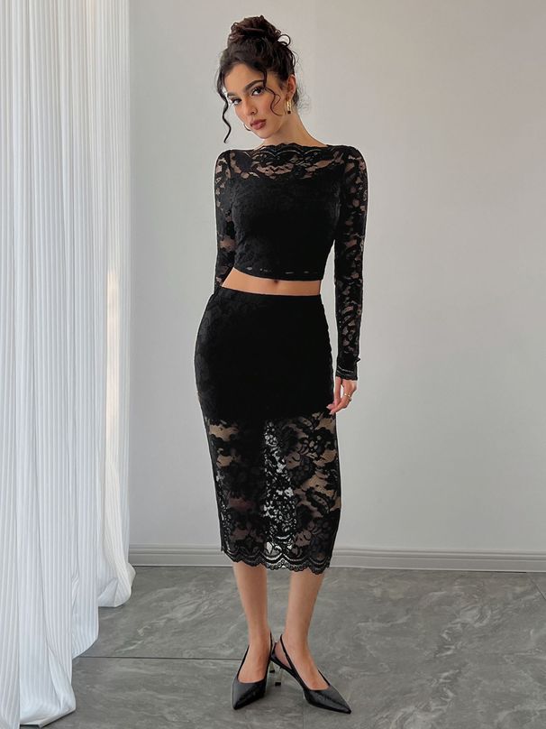 Sexy Women's Lace Jacquard Skirt Suit Semi-Transparent European And American Style Autumn/Winter New Independent Website Exclusive_ecoleips.com