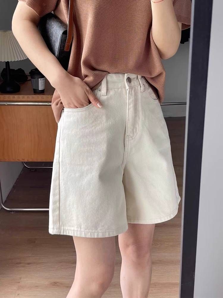 Thin, High-waisted, Loose Denim Shorts For Women, Large Size To Cover The Hips And Make Them Look Slimmer, Apricot-colored Mid-length Pants_ecoleips.com
