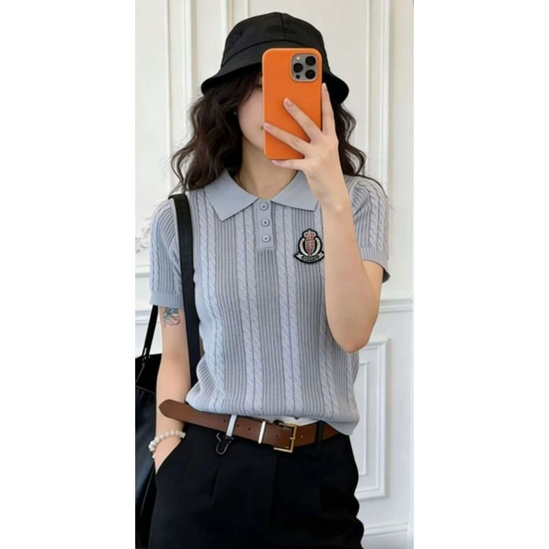 Korean-Style Bow-Tie Knit Top – Slim-Fit Short-Sleeve Blouse For Women (White/Grey/Yellow/Purple, One Size)_ecoleips.com