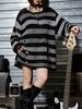 Plus Size Striped Distressed Knit Dress, Oversized Long Sweater, Punk Grunge Style For Curvy Women_ecoleips.com