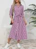 Elegant Temperament Striped Lapel Short Sleeve Dress Women Summer New Style Waist Temperament All Match A Line Skirt_ecoleips.com