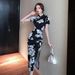 2024 Retro National Trend Printed Improved Cheongsam High Slit Daily Bodycon Ruched Waist Mid-Length Dress_ecoleips.com