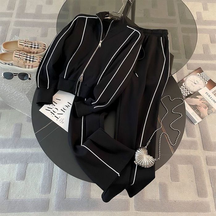 Women's Street Blasting Sports Suit Zippered Sweatshirt Wide Leg Pants Two Piece Set Fashionable Casual Autumn Wear_ecoleips.com