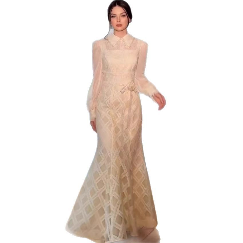 Muslim Dress Women Women's Elegant White Evening Dress – Long Sleeve A-Line Midi Dress With Waist Tie (Slim Fit, Polyester Blend, Size S-Xxl)_ecoleips.com