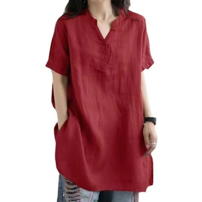 Cotton Spring And Summer Large Size Loose Fat MM Button Fashion V-Neck Short Sleeve Solid Color T-Shirt_ecoleips.com