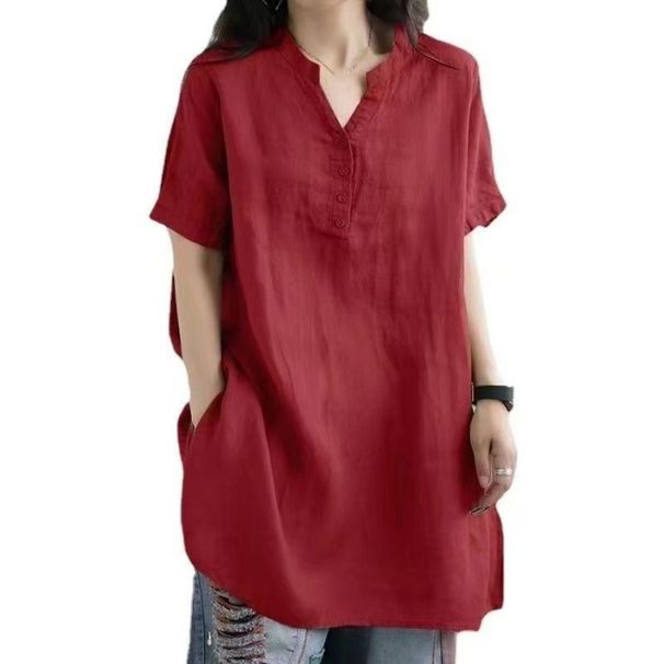 Cotton Spring And Summer Large Size Loose Fat MM Button Fashion V-Neck Short Sleeve Solid Color T-Shirt_ecoleips.com