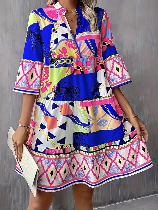 Women's Clothing New Pleated Sleeves Printed Trumpet Sleeves Ruffled Hem_ecoleips.com