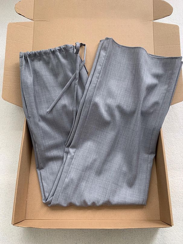 Women's Clothing Gray Thin Worsted Wool Elastic Waist Drawstring Drape Slim Small Wide Leg Straight Pants_ecoleips.com