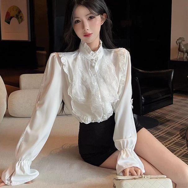 Chic Court-style Ruffled Blouse 2026 Spring, Lace-trimmed Base Shirt With Puff Sleeves_ecoleips.com