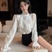 Chic Court-style Ruffled Blouse 2026 Spring, Lace-trimmed Base Shirt With Puff Sleeves_ecoleips.com